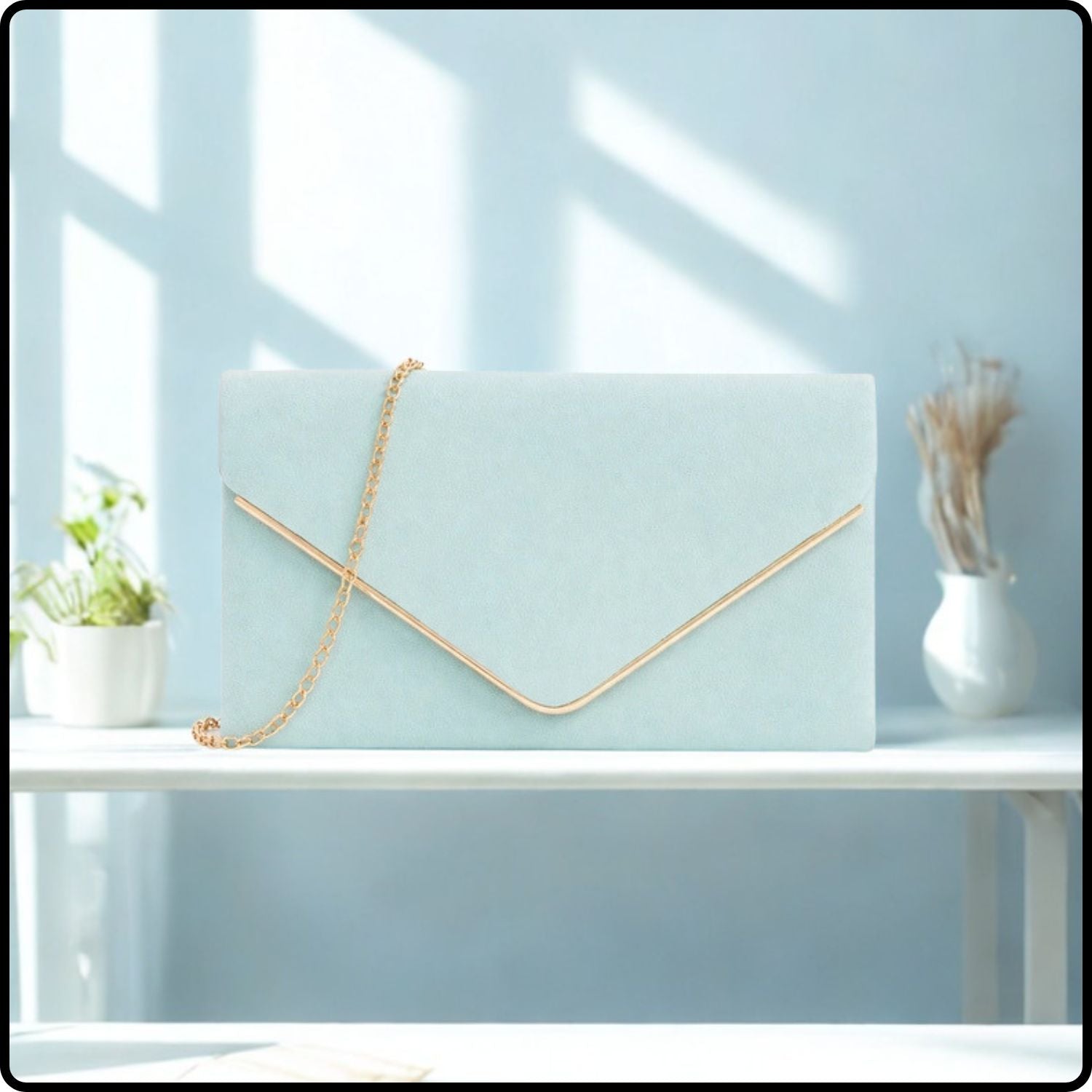 Envelope Clutch Bag with Metal Trim and Chain Strap-KE-PALE BLUE