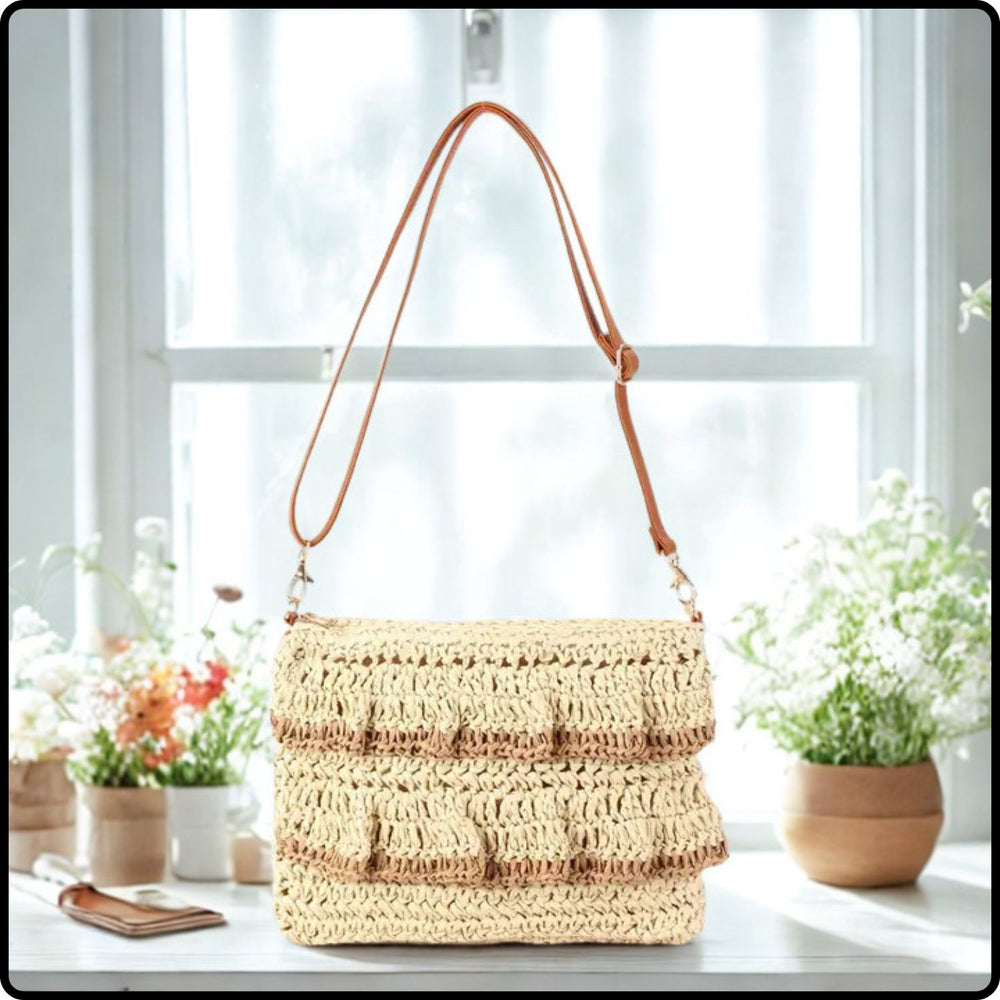 Frilled Paper Straw Cross Body Bag-FPS-TAUPE