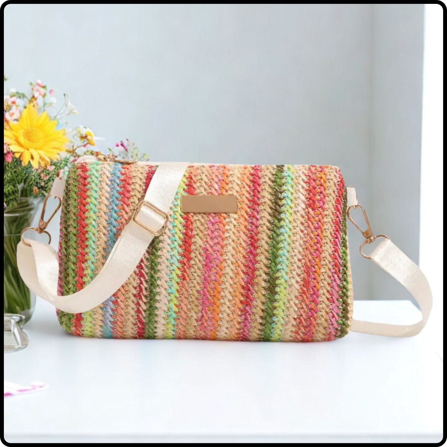 Multicoloured Straw Clutch Bag-SMC-Beige
