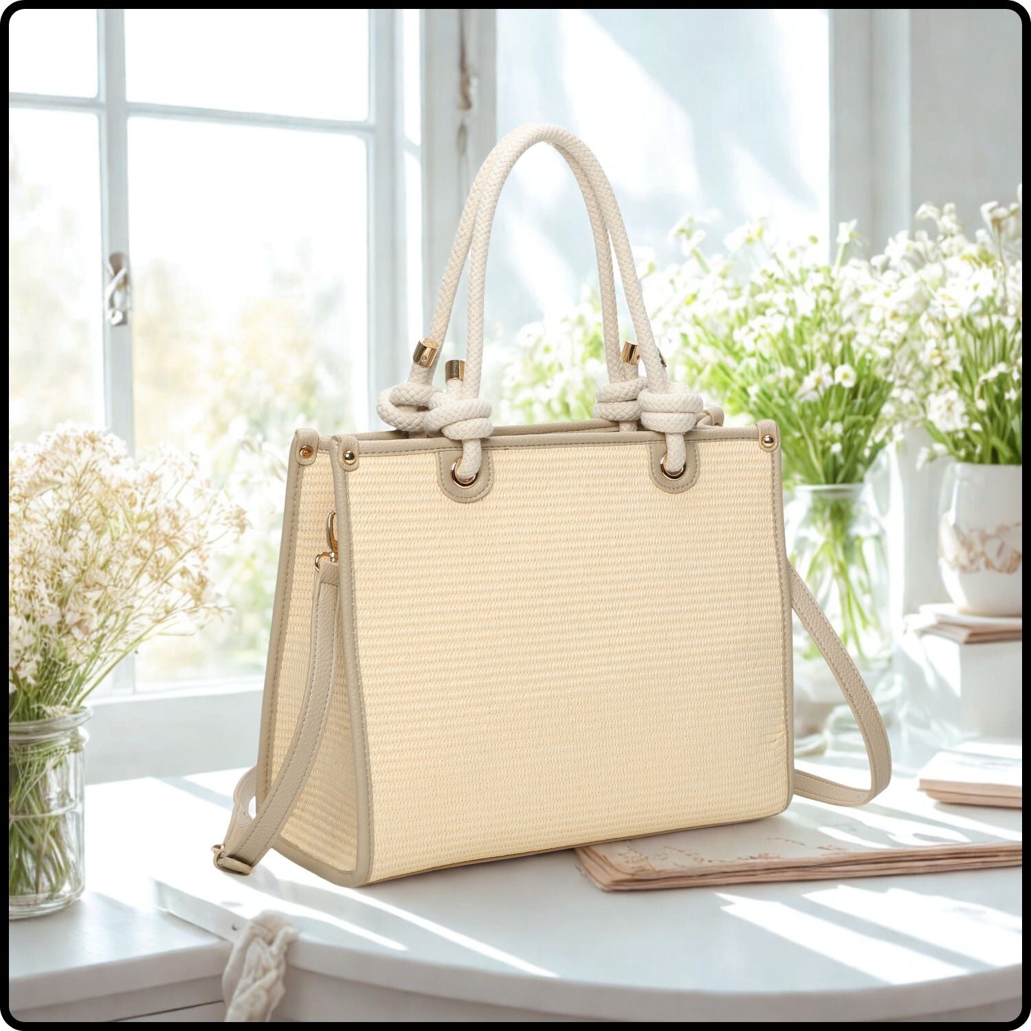 Straw Tote Bag-570-BEIGE