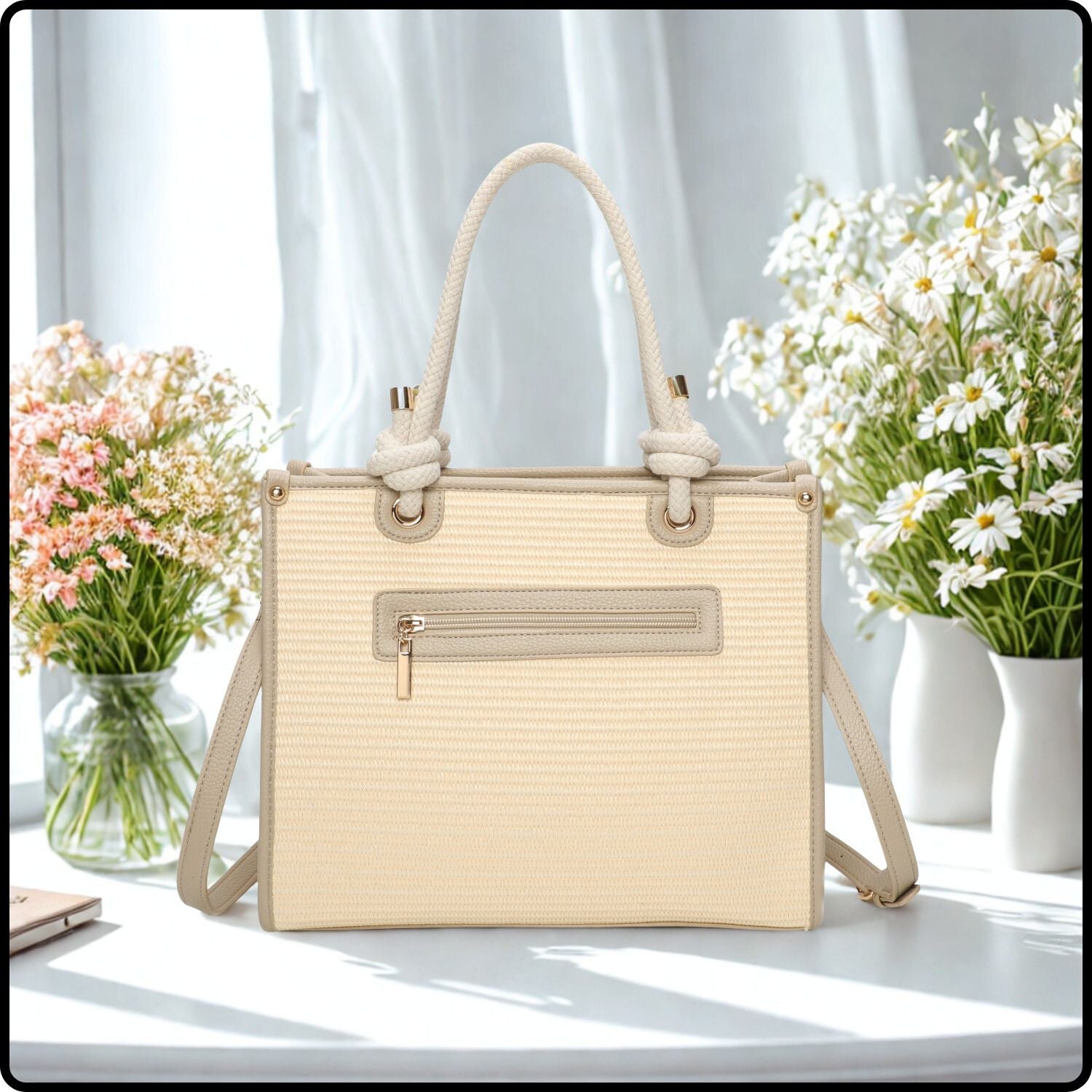 Straw Tote Bag-570-BEIGE
