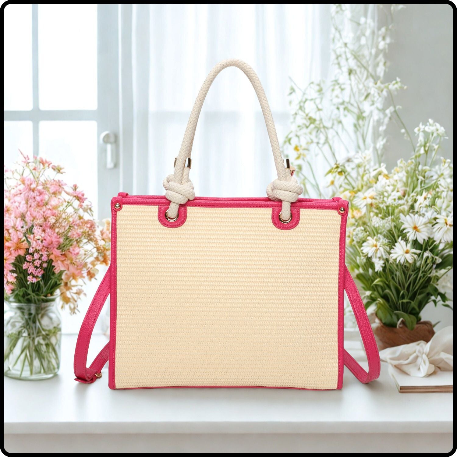 Straw Tote Bag-570-PINK