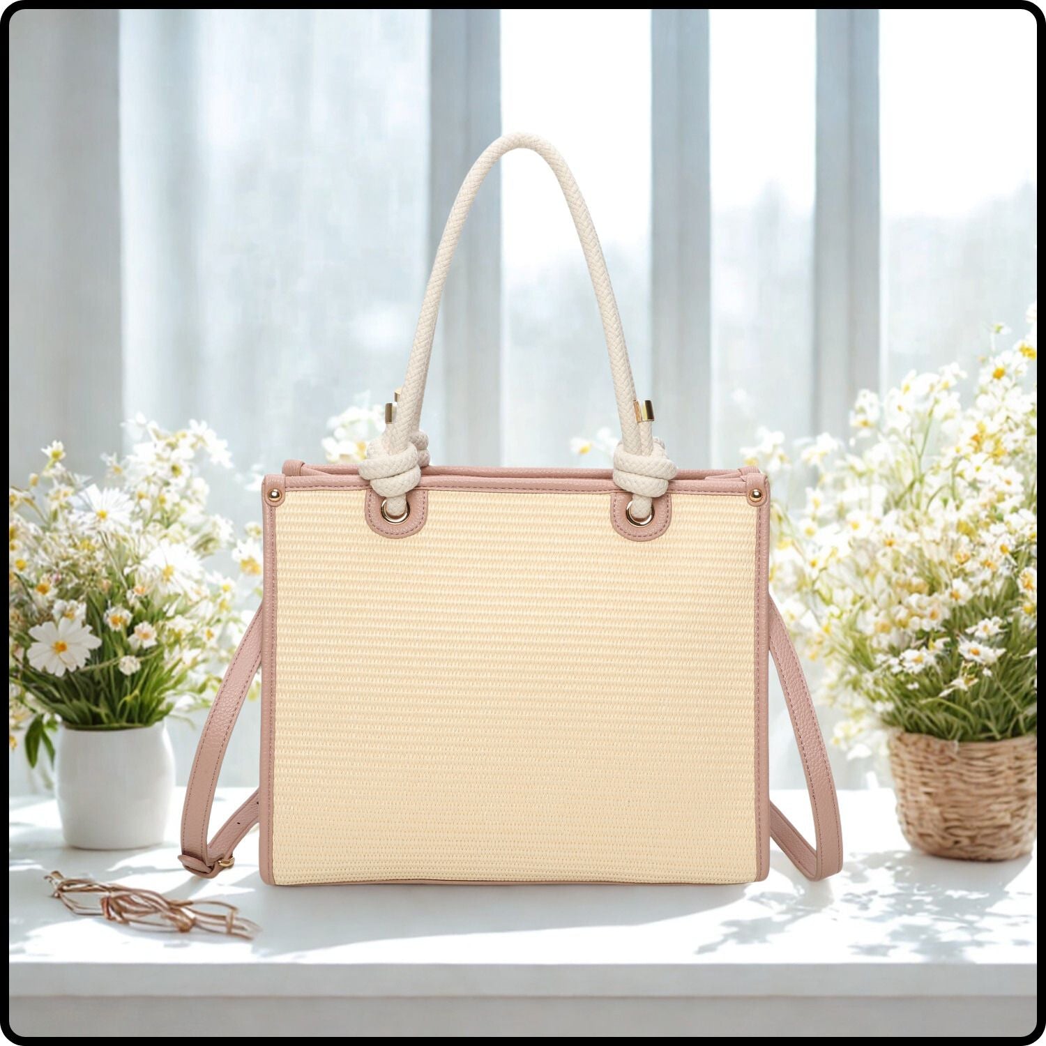 Straw Tote Bag-570-ROSE
