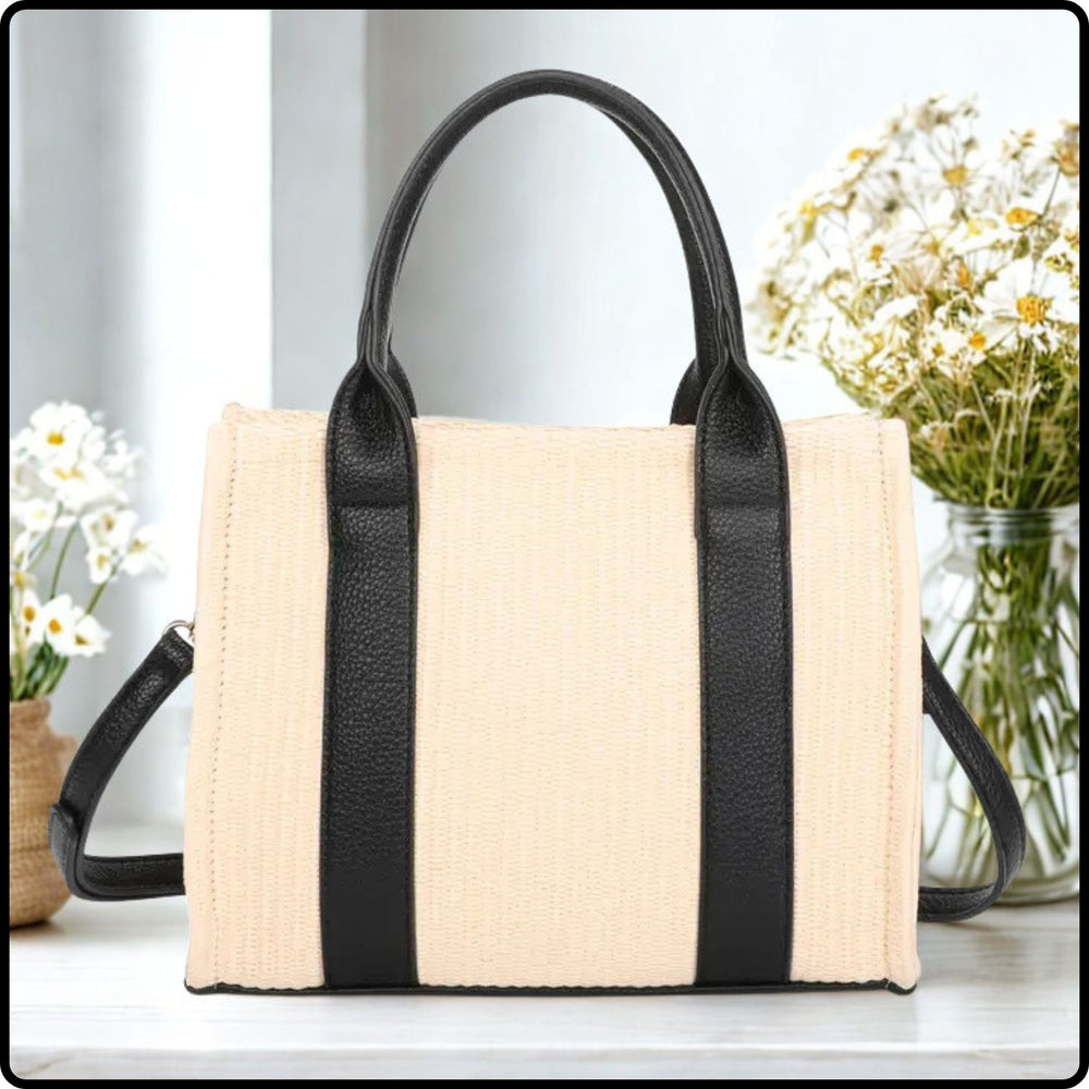 Small Straw Tote Bag-571-BLACK