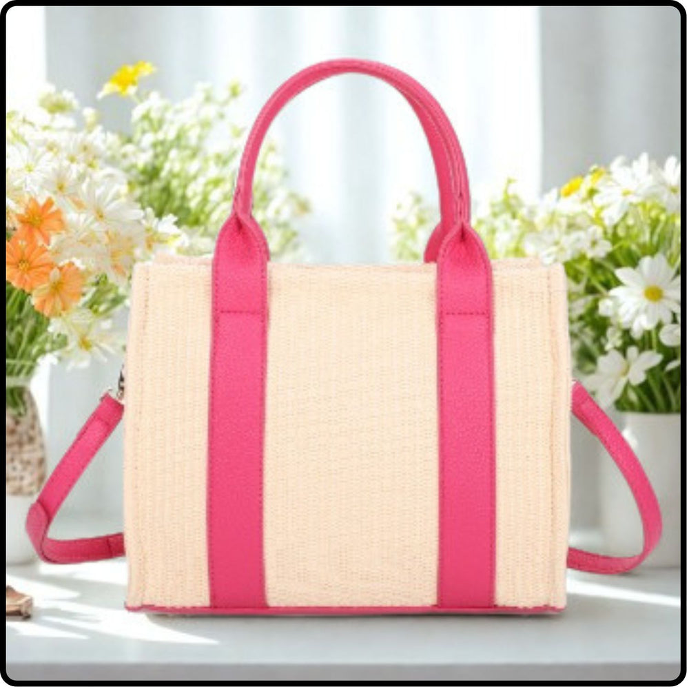 Small Straw Tote Bag-571-PINK