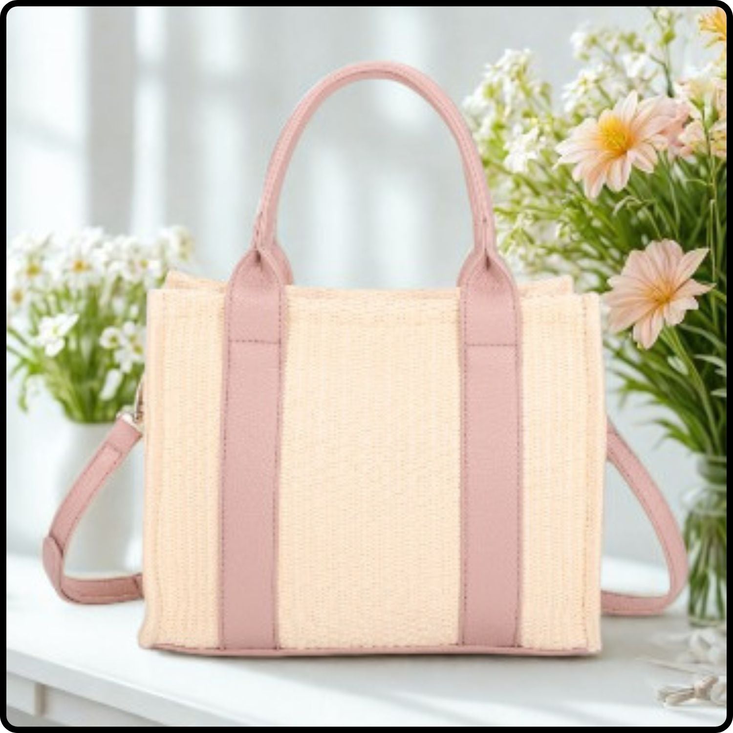 Small Straw Tote Bag-571-ROSE