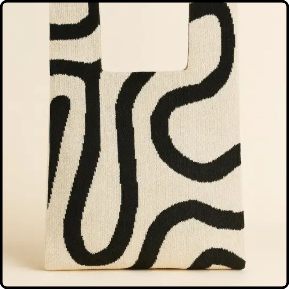 Knitted Bag-Abstract Flow-Black and Beige-BKS