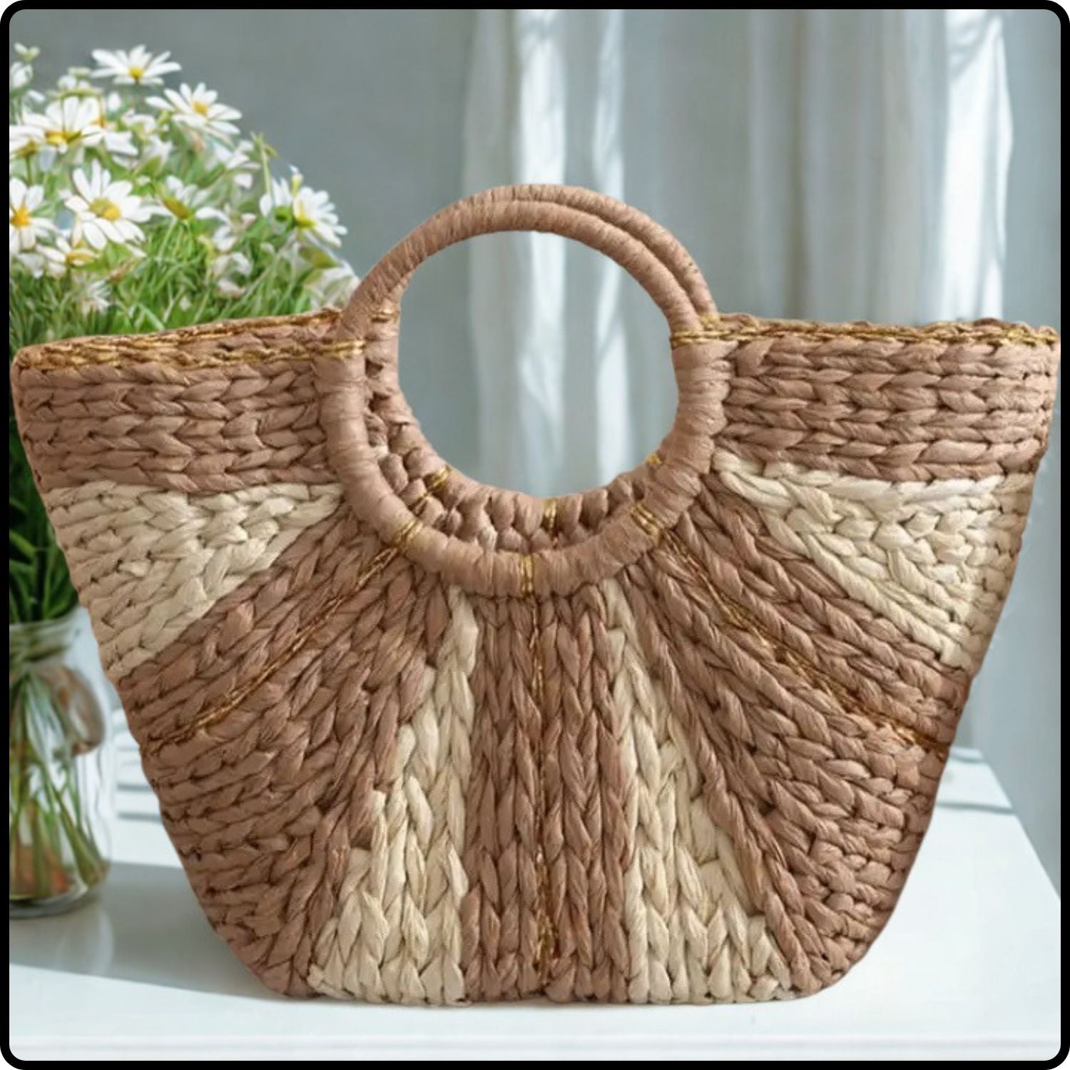 Woven Summer Bag with Gold Accents-SW-TAUPE