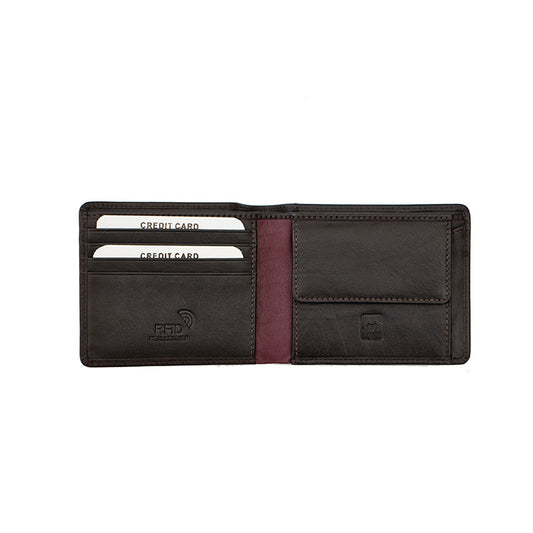 This classic bifold wallet made of premium brown leather provides sophisticated storage for all your cards and cash. It features four card slots, two slip pockets, a coin pocket, and two note compartments with RFID protection for enhanced security. Its sleek design and timeless look, means you can trust this wallet to keep you organized and safe wherever you go.  9 x 11 cm