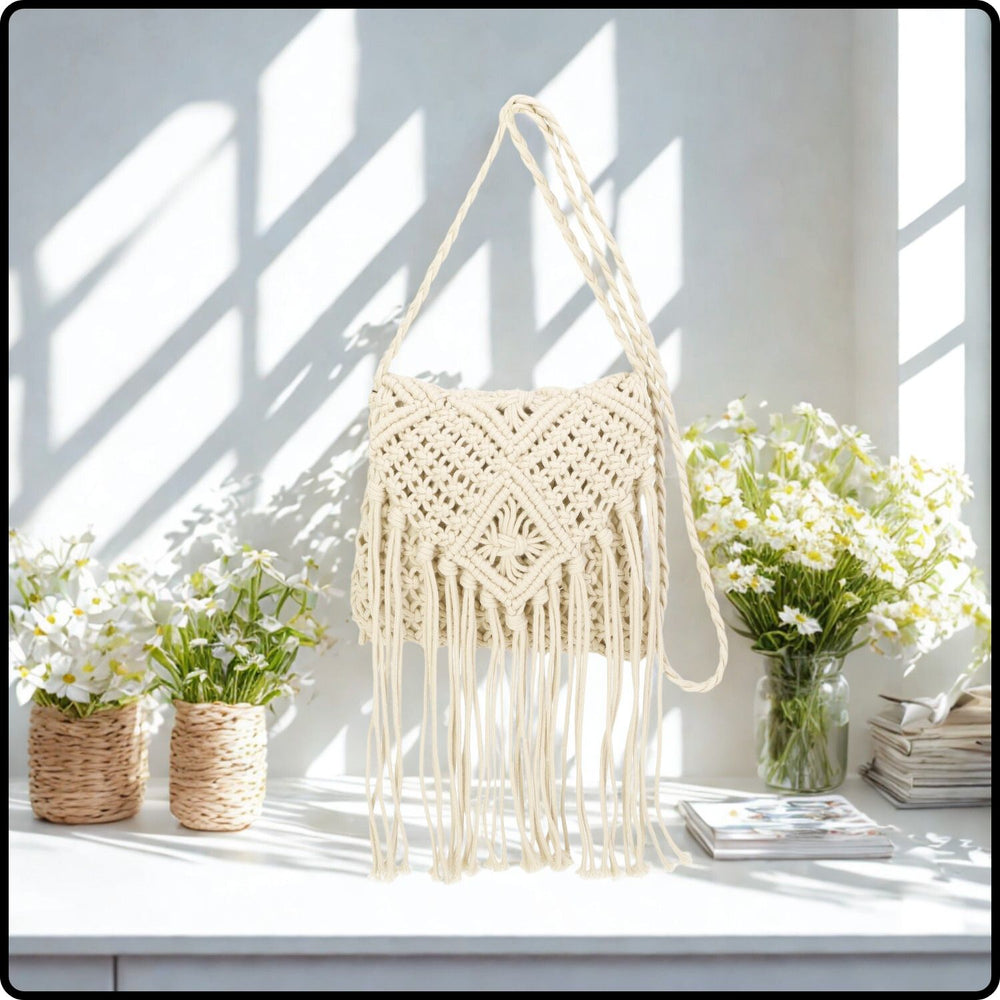 Macrame Cross Body Bag - 802-BEIGE