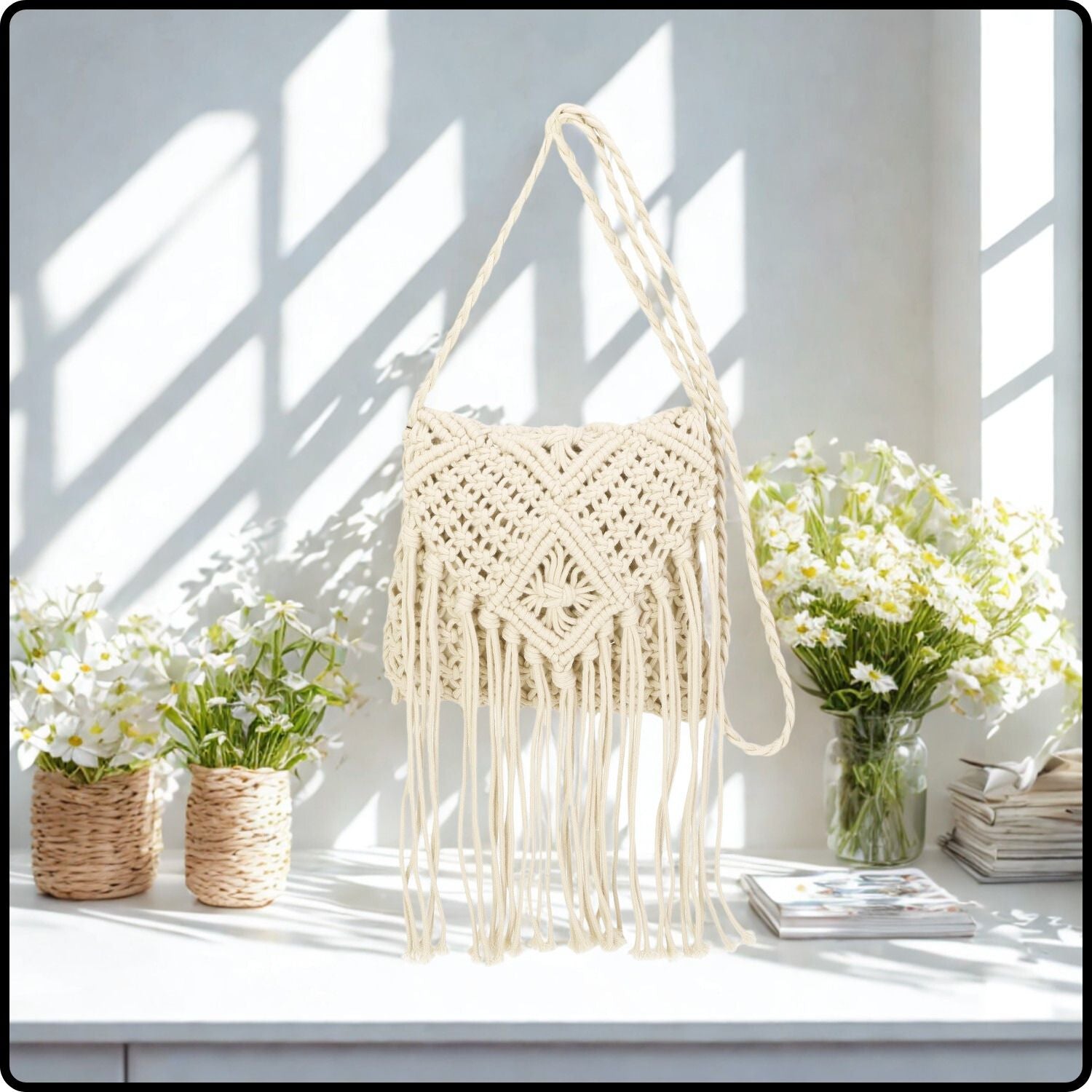 Macrame Cross Body Bag - 802-BEIGE