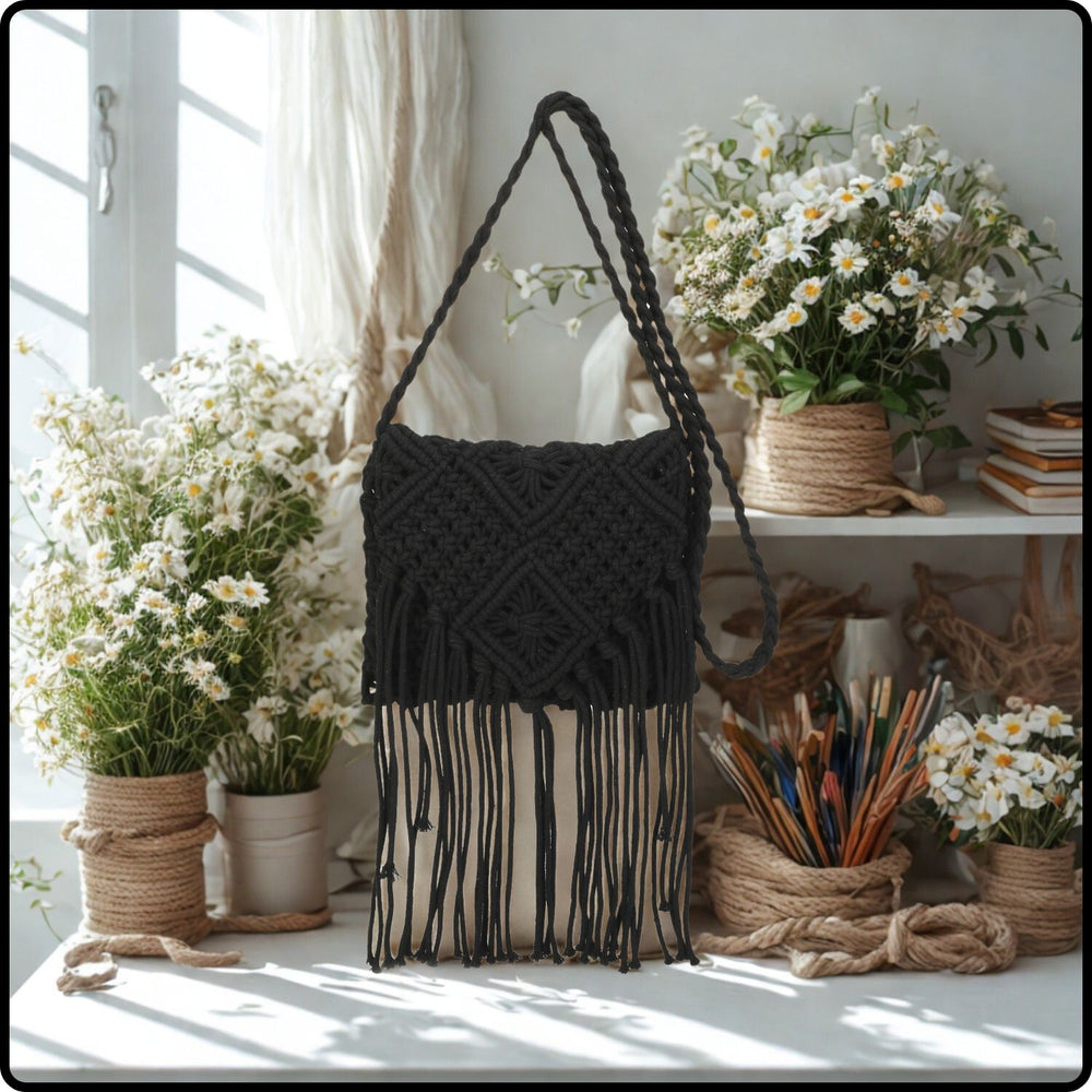 Macrame Cross Body Bag- 802-BLACK