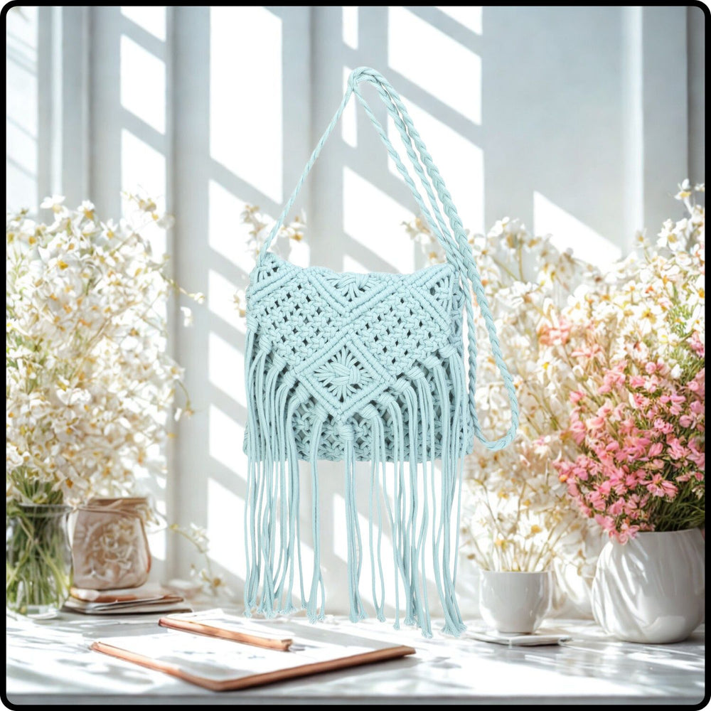 Macrame Cross Body Bag- 802-LIGHT BLUE