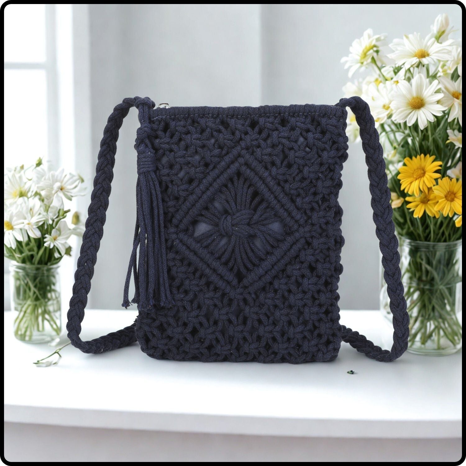 Macrame Cross Body Bag - 806-NAVY