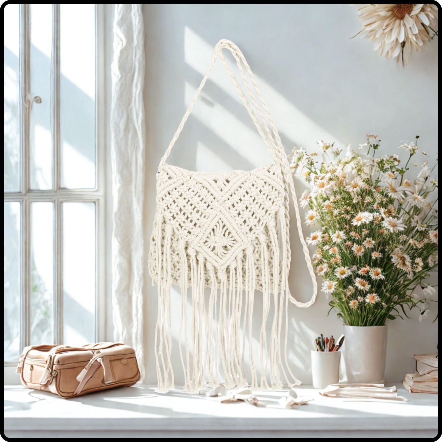 Macrame Cross Body Bag - 802-WHITE