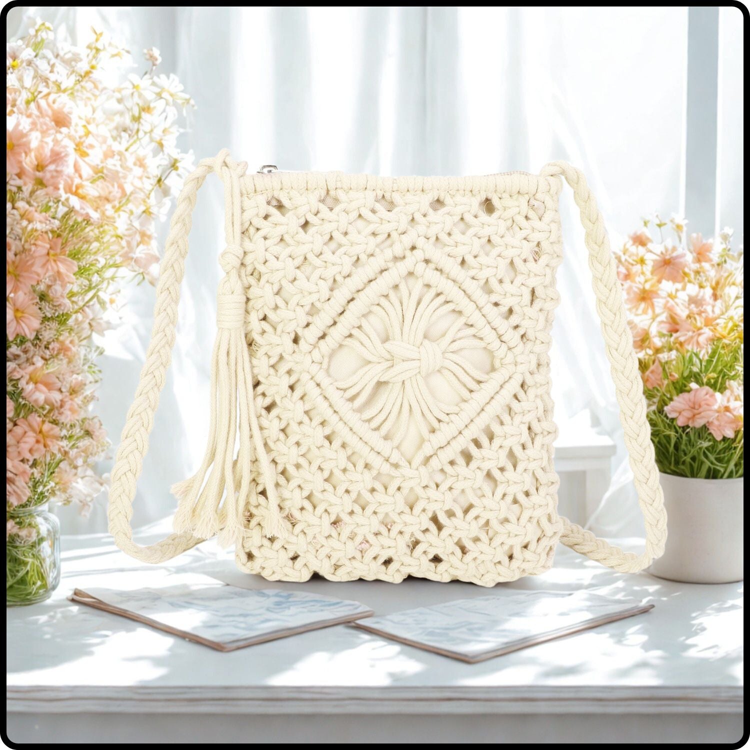 Macrame Cross Body Bag - 806-BEIGE