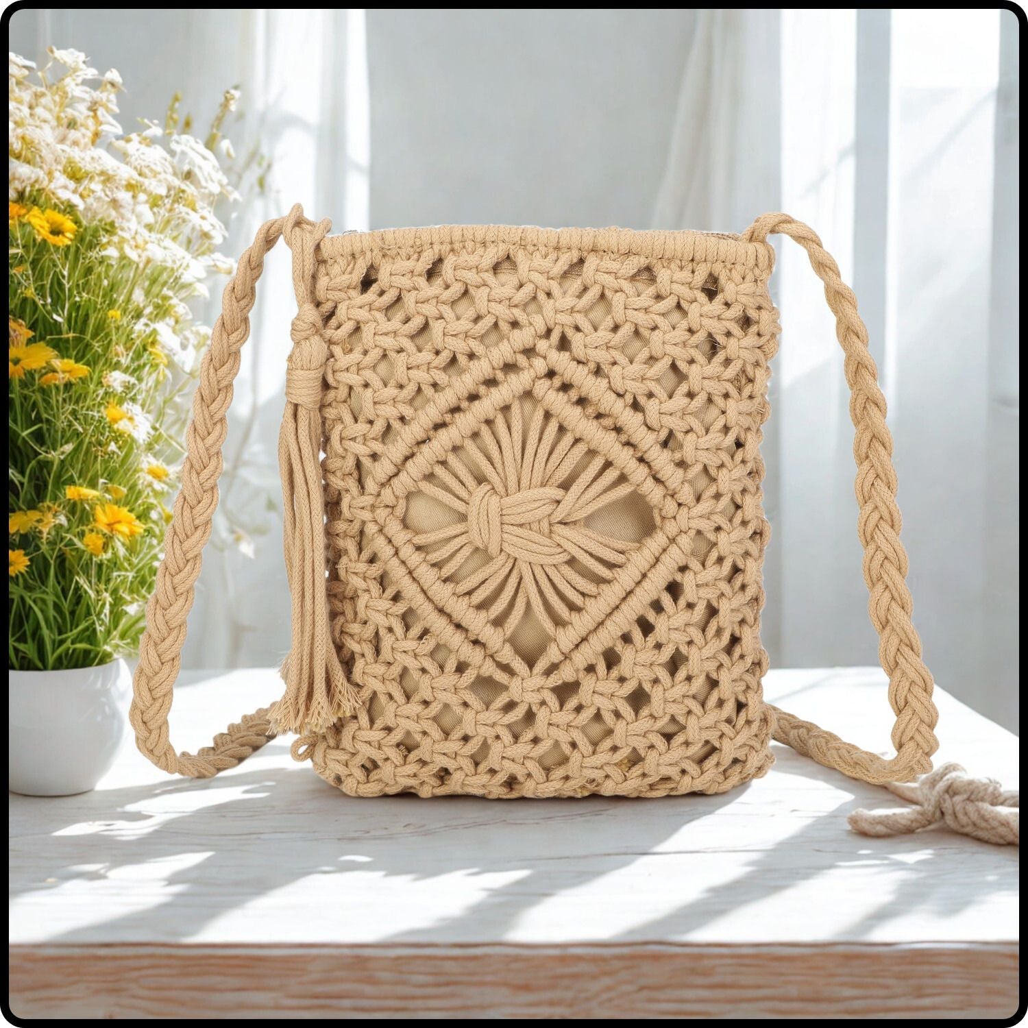 Macrame Cross Body Bag- 806-KHAKI