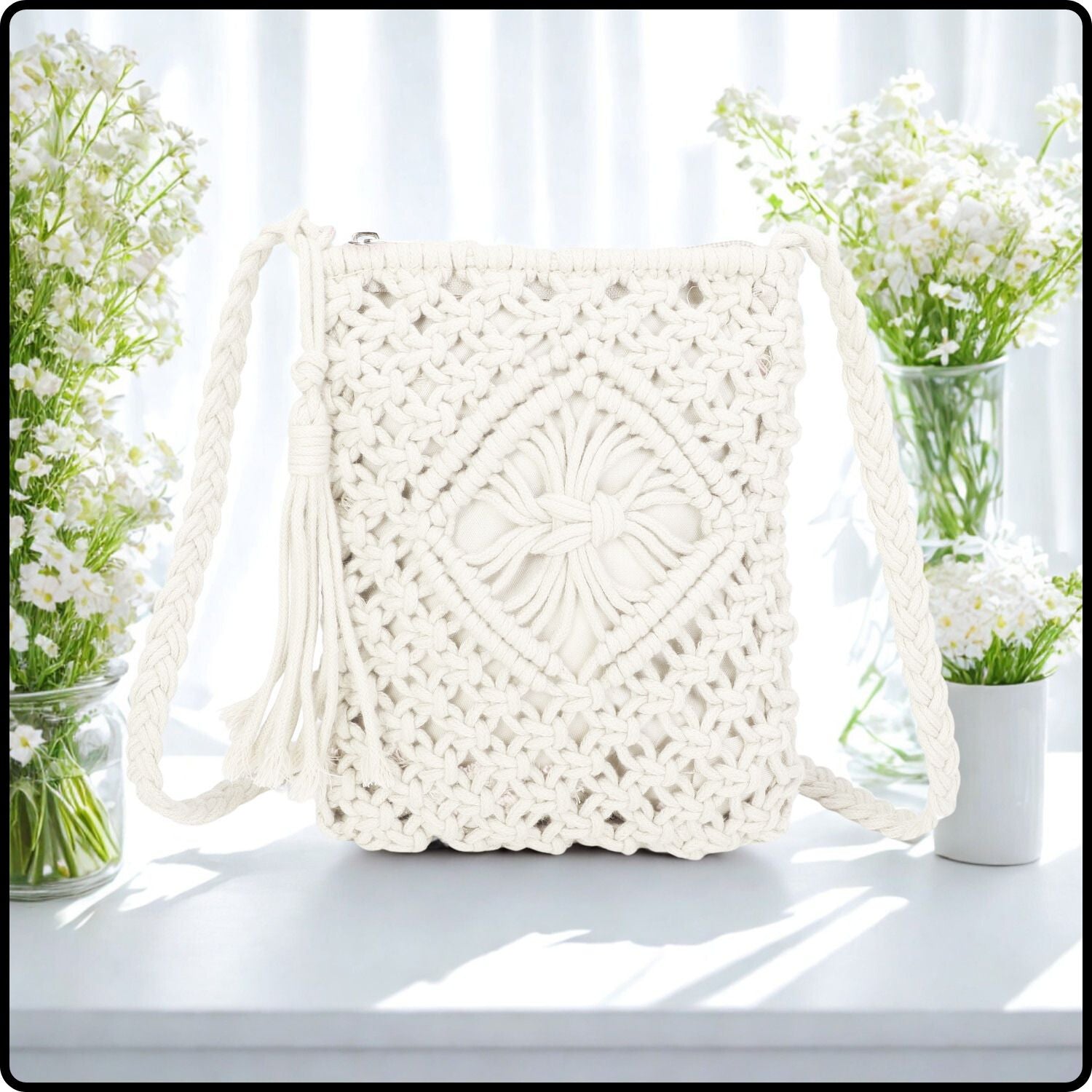 Macrame Cross Body Bag- 806-WHITE