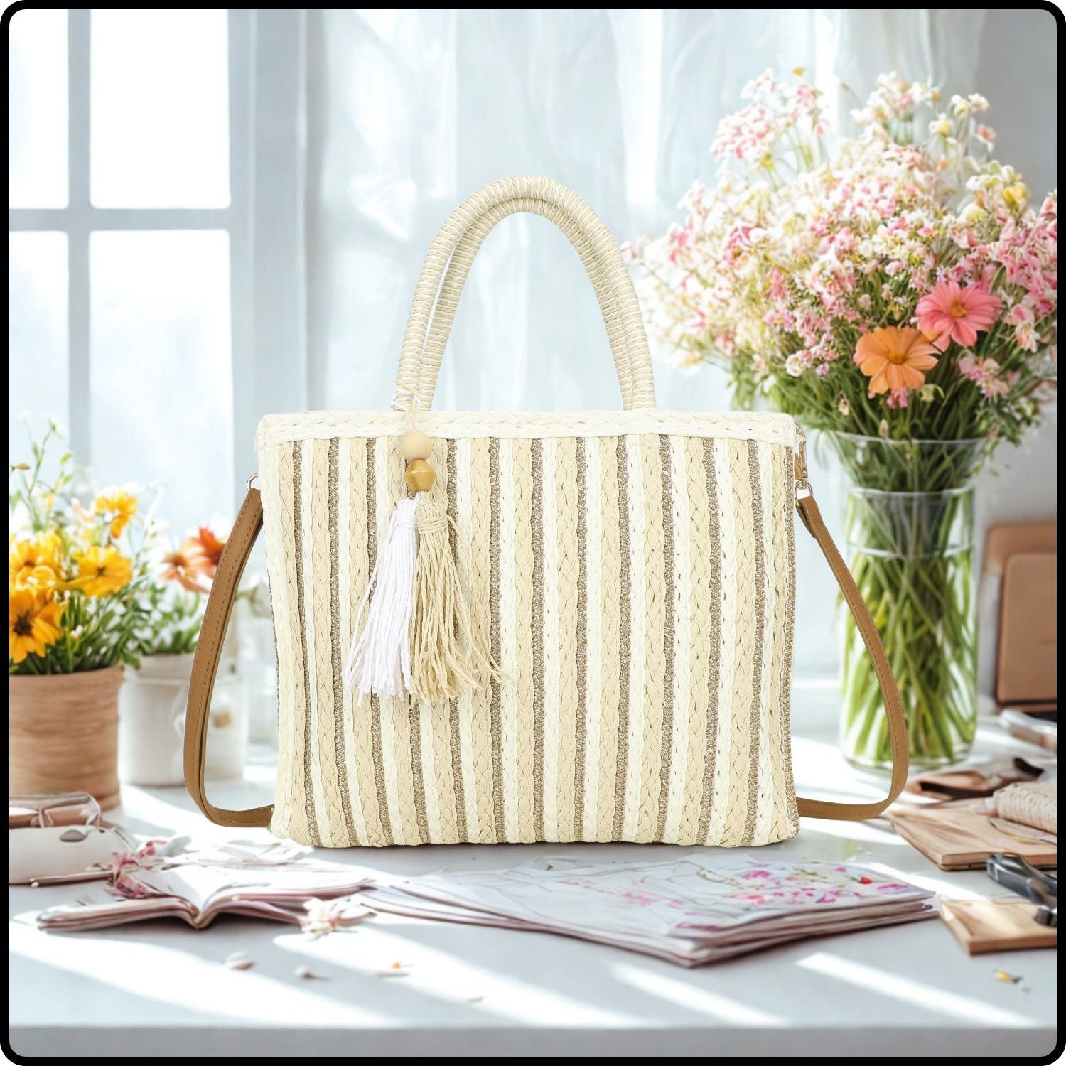 Straw Tote Bag-976-BEIGE