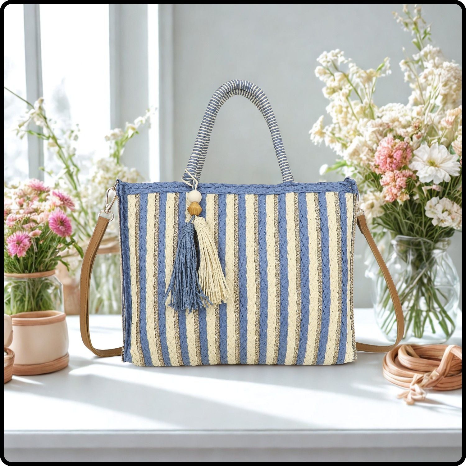 Straw Tote Bag-976-BLUE