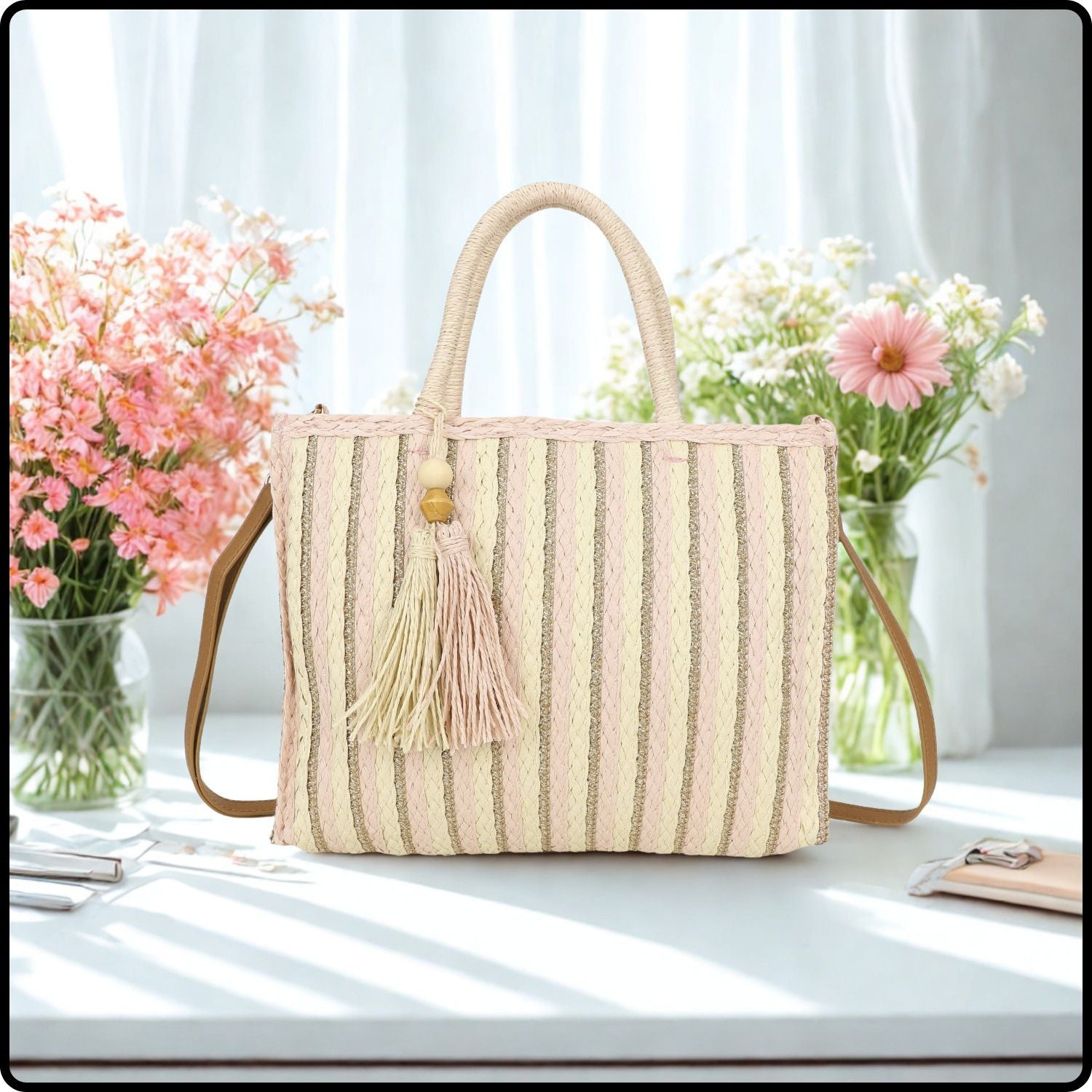Straw Tote Bag-976-PINK