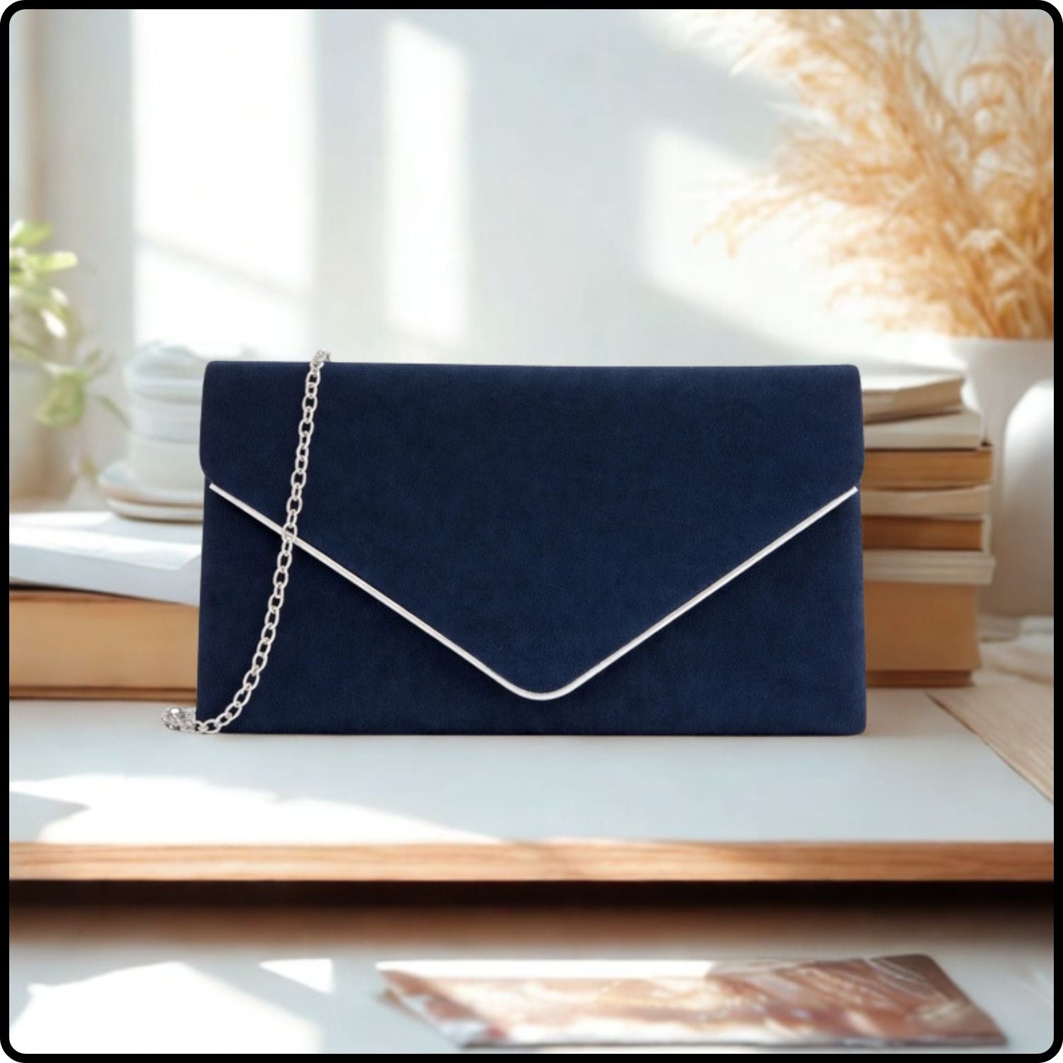 Envelope Clutch Bag with Metal Trim and Chain Strap-KE-NAVY