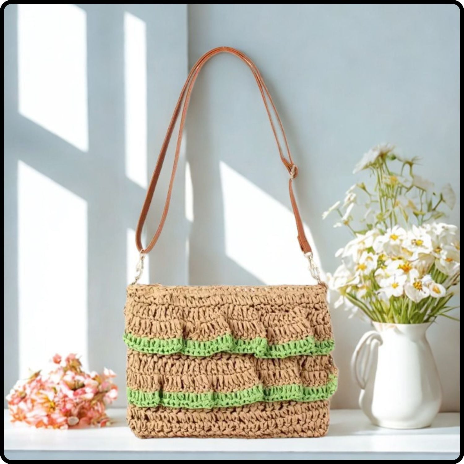 Frilled Paper Straw Cross Body Bag-FPS-GREEN