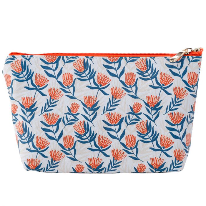 This pretty Protea design bag is perfect for cosmetics or as a small toiletry/washbag. Its made from durable PVC which means it easy to keep clean. Ideal fro everyday use or travelling.  L:23cm x H:14cm x D:5cm