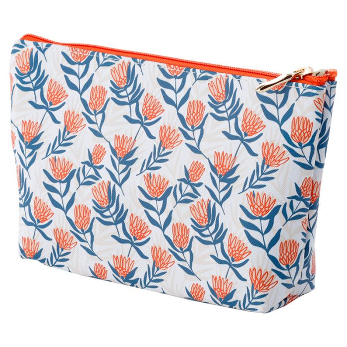 This pretty Protea design bag is perfect for cosmetics or as a small toiletry/washbag. Its made from durable PVC which means it easy to keep clean. Ideal fro everyday use or travelling.  L:23cm x H:14cm x D:5cm