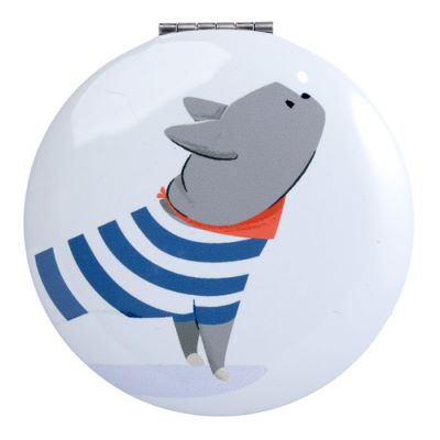 Add some personality to your makeup routine with this compact mirror. Bertrand the French Bulldog is an adorable pup and the perfect companion to pop into your handbag.  Featuring one regular mirror and one magnifier.     H: 6.5cm x W: 6.5cmx D:1cm  Metal and Glass