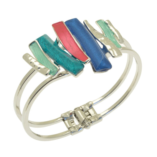 This elegant bracelet features an eye-catching combination of blue, pink and green, finished with a reflective silver touch. Hinged to fit any size wrist, it's an ideal fit for any ensemble.