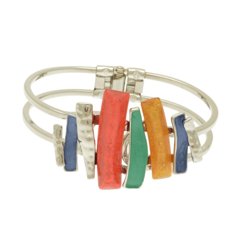 This elegant bracelet features an eye-catching combination of blue, green, mustard, and coral, finished with a reflective silver touch. Hinged to fit any size wrist, it's an ideal fit for any ensemble.