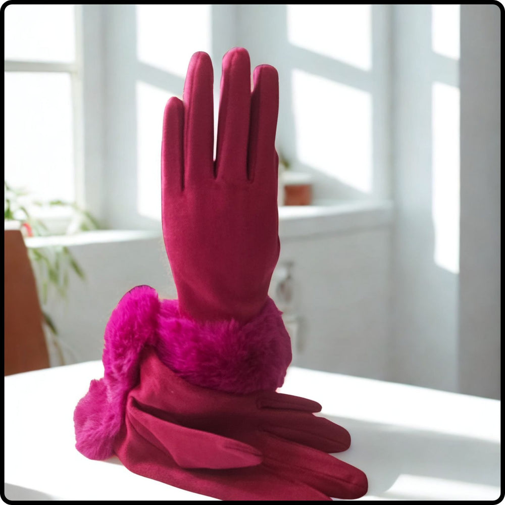 Faux Fur Suedette Fabric Touch Screen Gloves One Size in Fuchsia-FGF