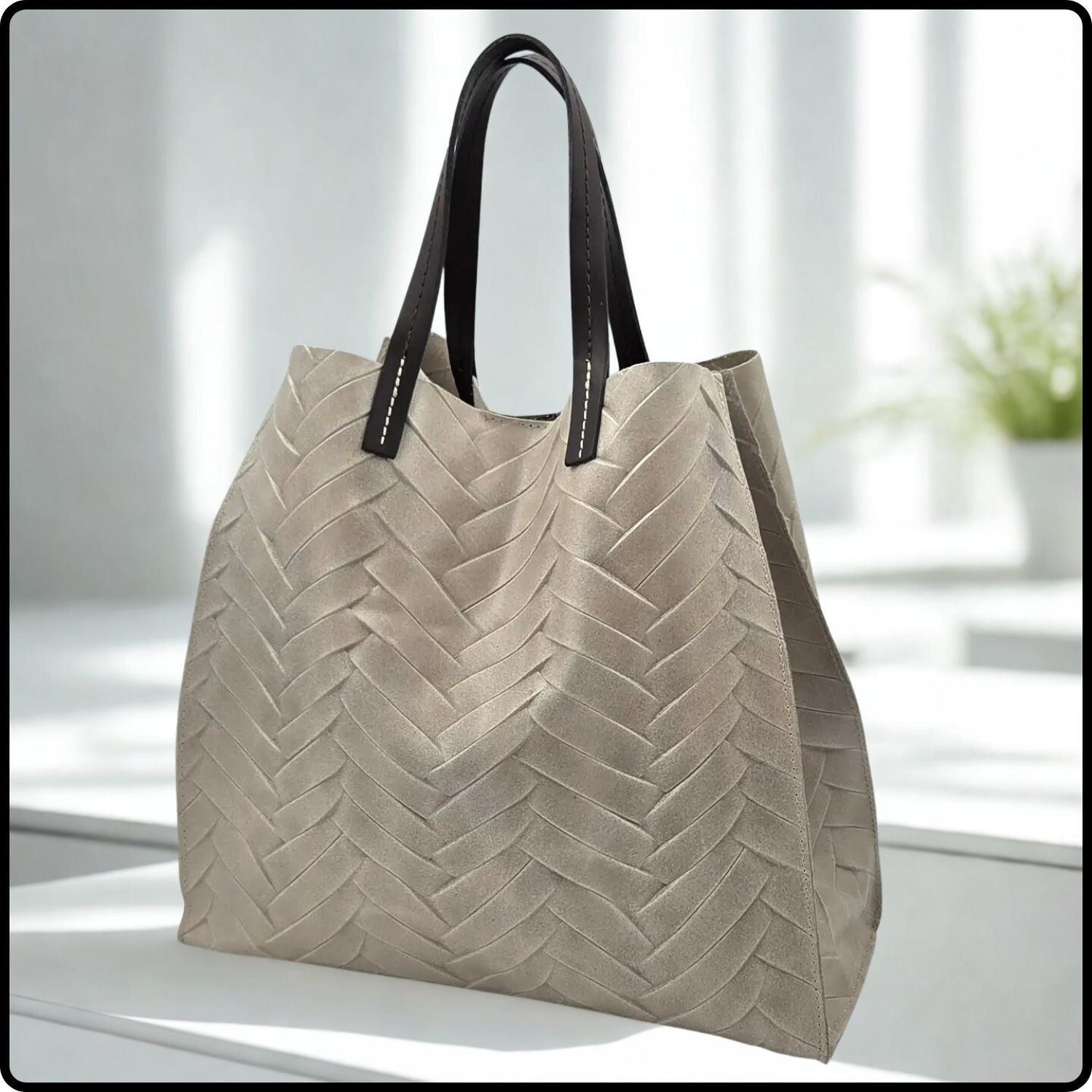 Leather Herringbone Imprint Tote Bag with Removable Internal Bag-HB05-BEIGE
