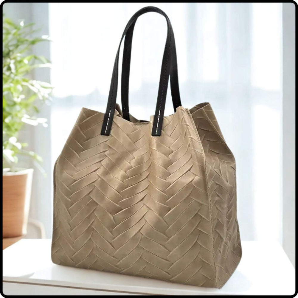 Leather Herringbone Imprint Tote Bag with Removable Internal Bag-HB05-CARAMEL