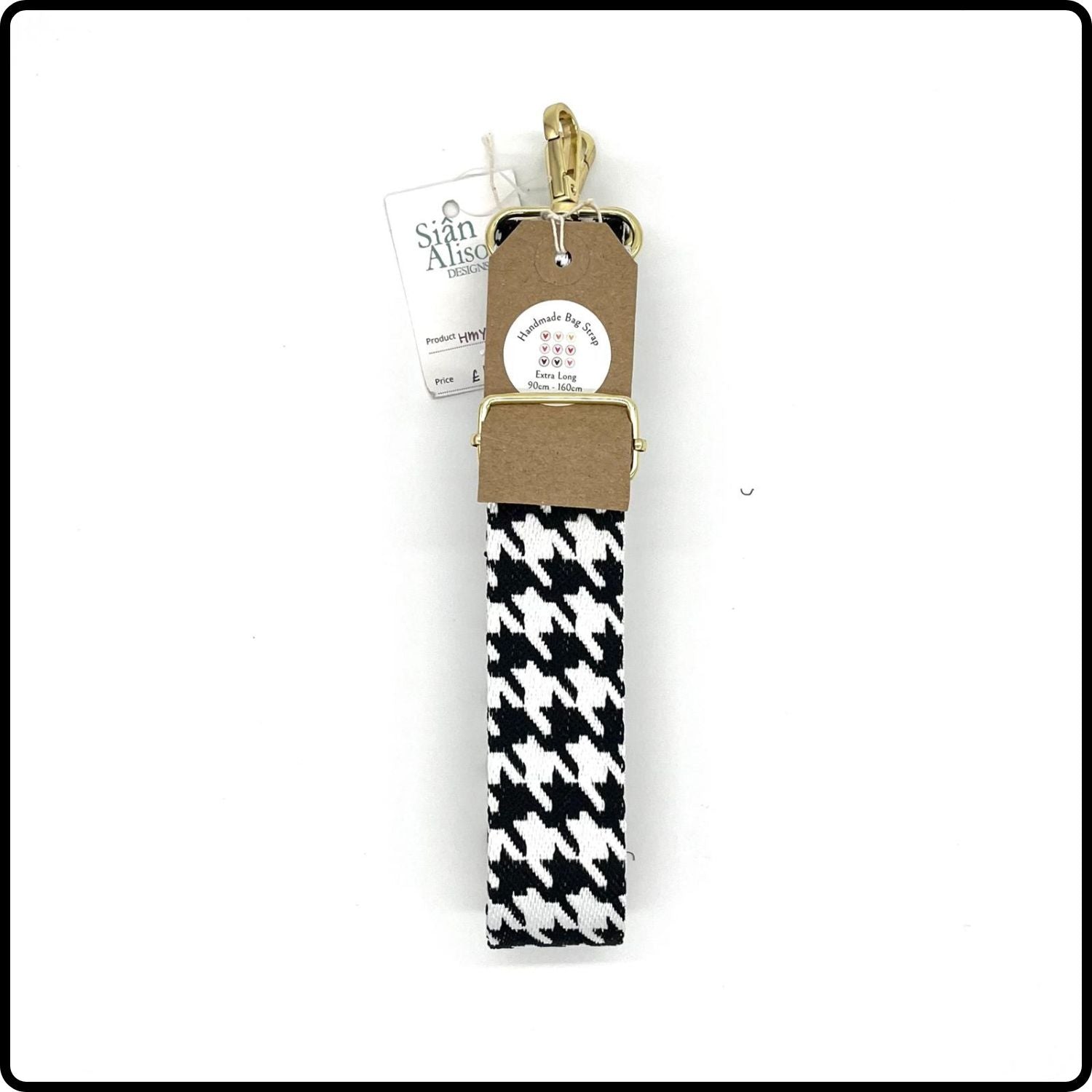 Handmade in Yorkshire Extra Long Bag Straps Gold Hardware Dogtooth Black and White-HM25