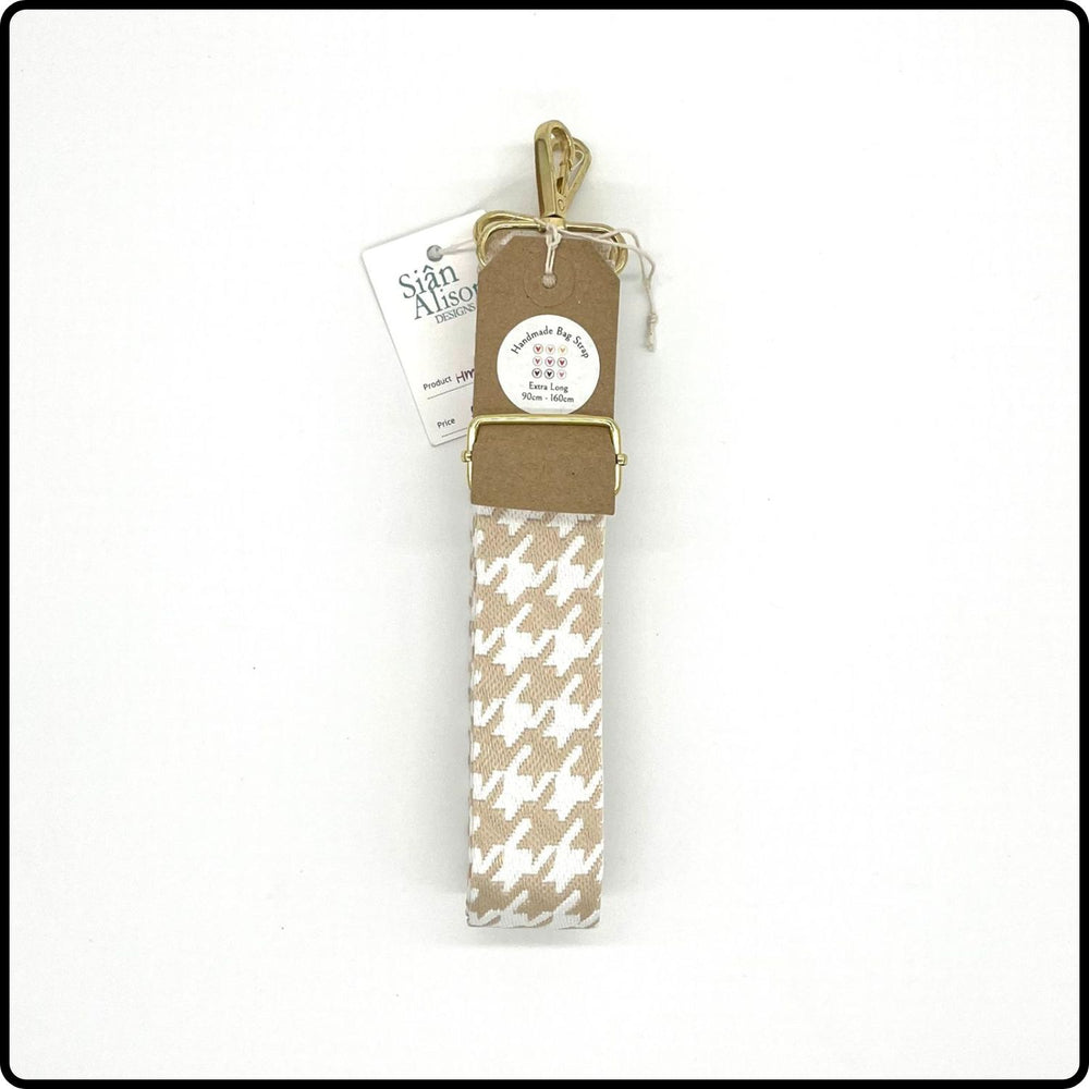 Handmade in Yorkshire Extra Long Bag Straps Gold Hardware Dogtooth White and Taupe-HM43