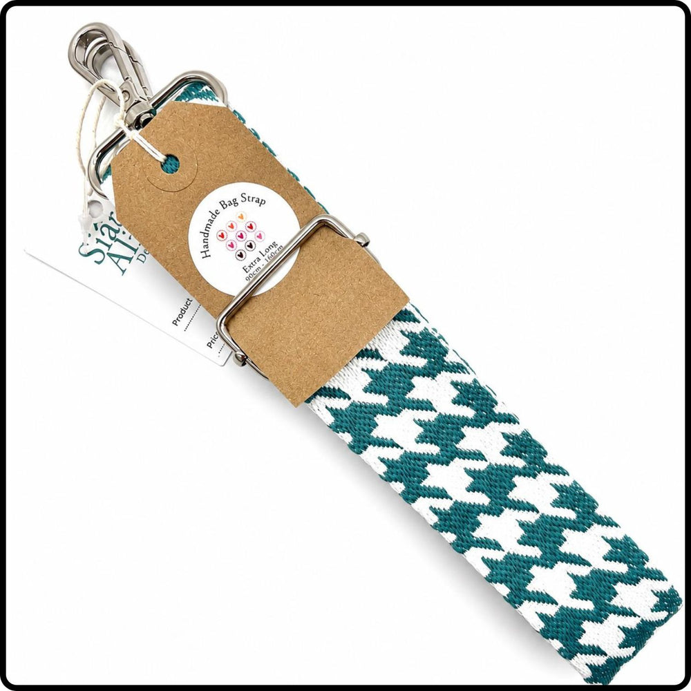 Handmade in Yorkshire Extra Long Bag Strap Silver Hardware Dogtooth White and Duck Egg-HM44
