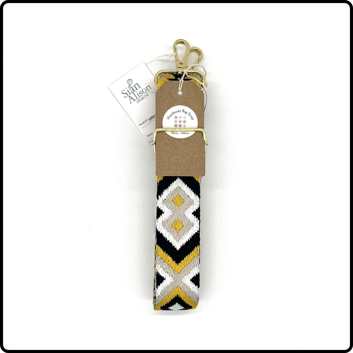 Handmade in Yorkshire Extra Long Bag Straps Gold Hardware Diamond Yellow and Black-HM51