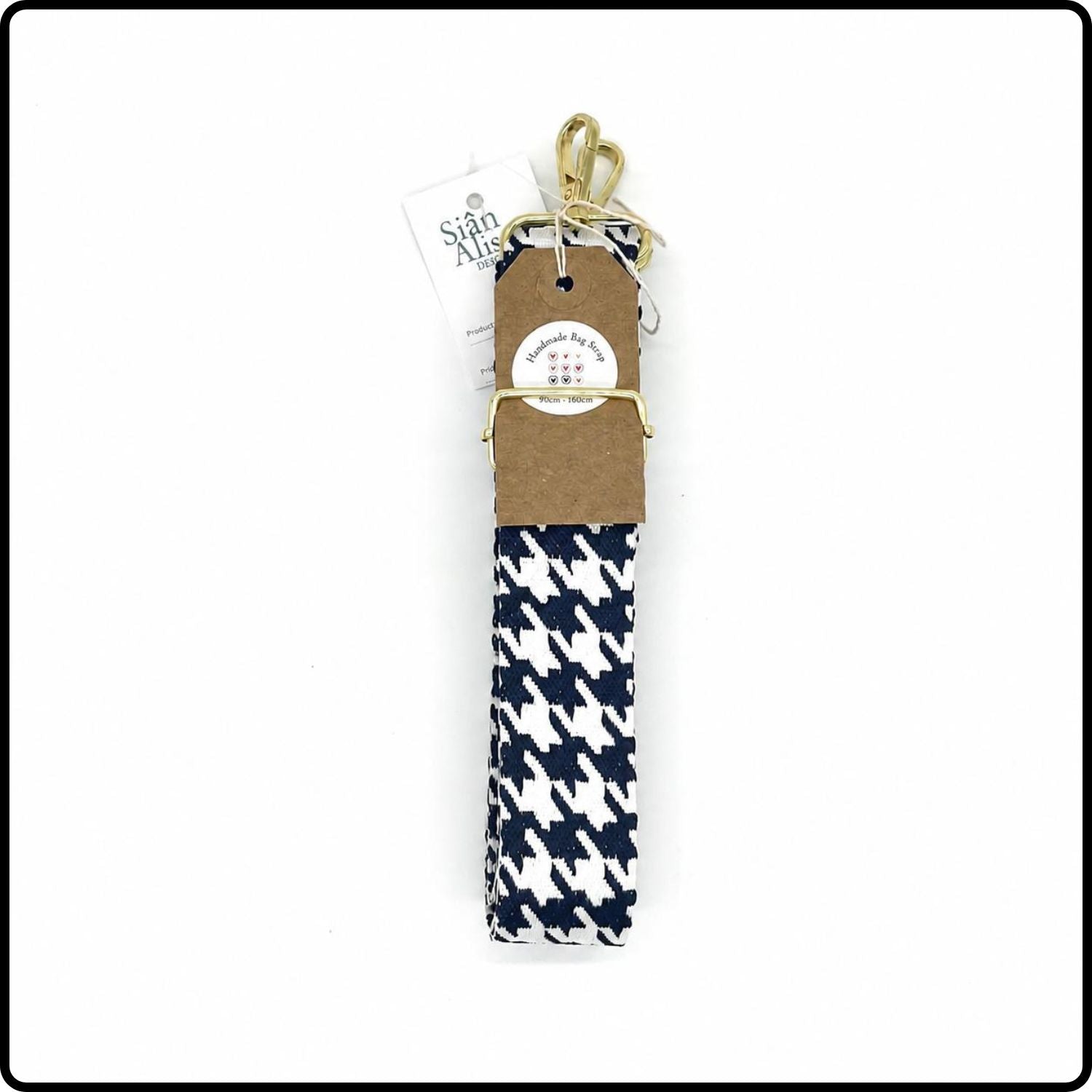 Handmade in Yorkshire Extra Long Bag Straps Gold Hardware Dogtooth White and Navy-HM54