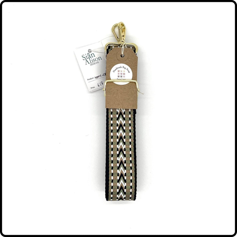Handmade in Yorkshire Extra Long Bag Straps Gold Hardware Chevron Olive Black/White - HM55