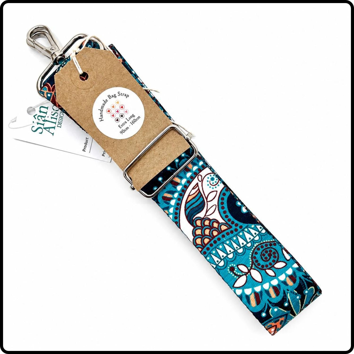 Handmade in Yorkshire Extra Long Bag Strap Silver Hardware Peacock Blue-HM69
