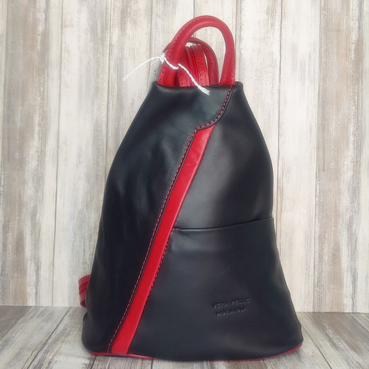 A beautiful soft and lightweight leather Italian backpack. These versatile backpacks can be carried in three ways, either by the loop handle at the top, over one shoulder, or by unzipping the strap and wearing as a classic backpack. Each bag is fully lined and comes in such a variety of gorgeous colours  you won't have any trouble choosing your favourite!      Front, back and inside pockets.   W:25cm x H:31cm x D:14 cm 