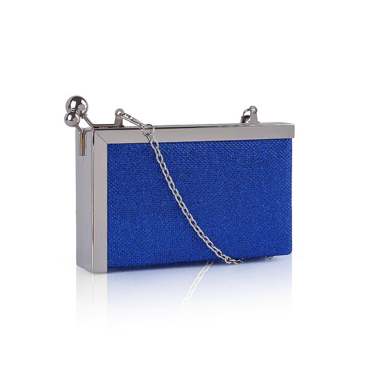 Get ready to make a statement with our Sofia Metal Framed Clutch Bag! Featuring a beautiful glitter pattern and vibrant blue color, this bag is perfect for adding a pop of color to any outfit. The unique opening and detachable chain strap add versatility, making it both stylish and functional.
