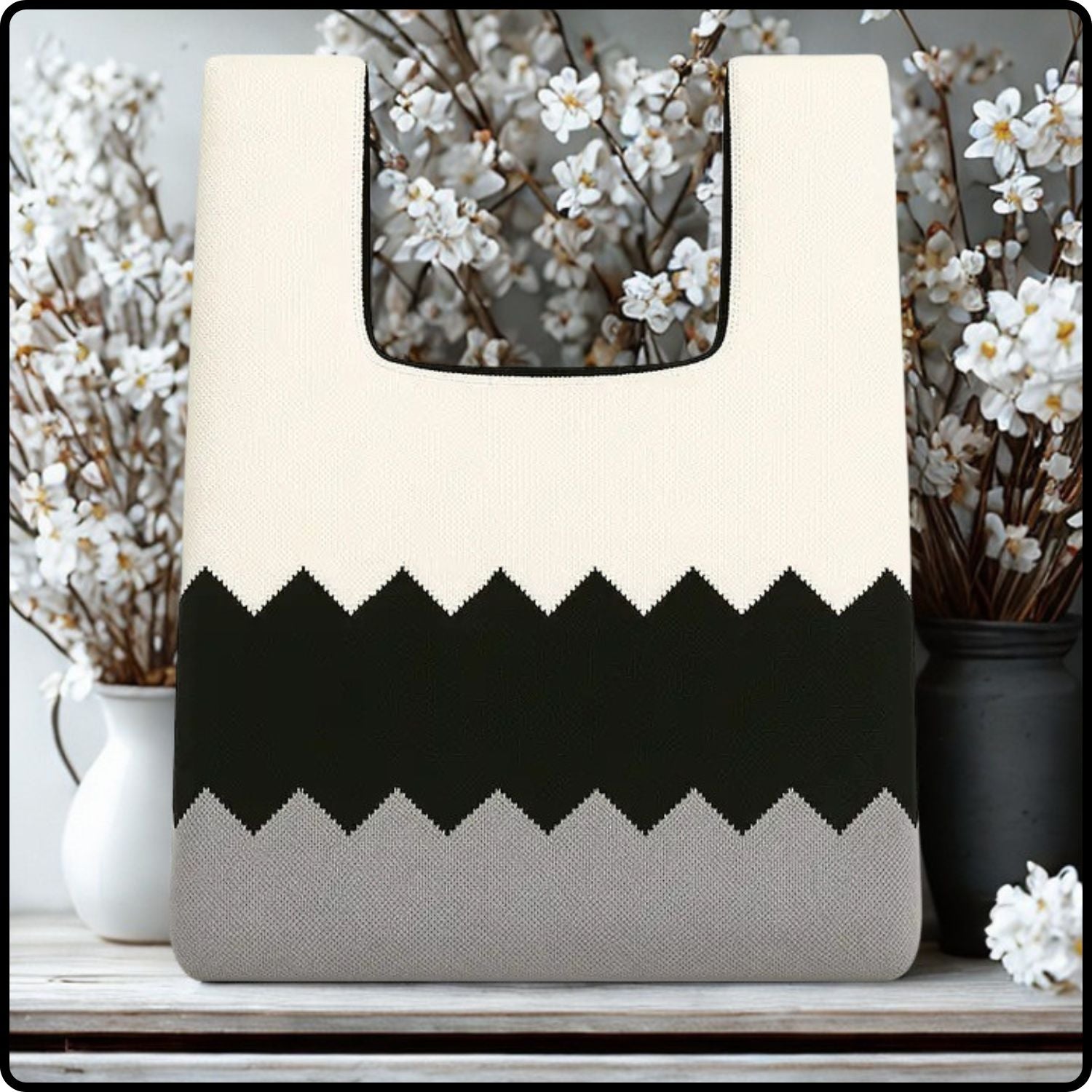 Knitted Bag-Chevron Coast Black and Beige-KBB
