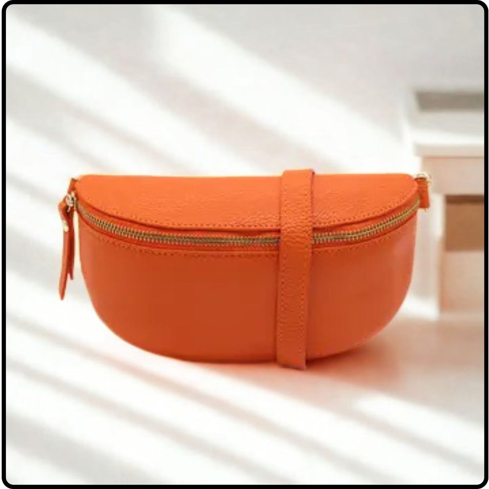 Italian Leather Sling Crossbody Bag with Zip-KT-ORANGE