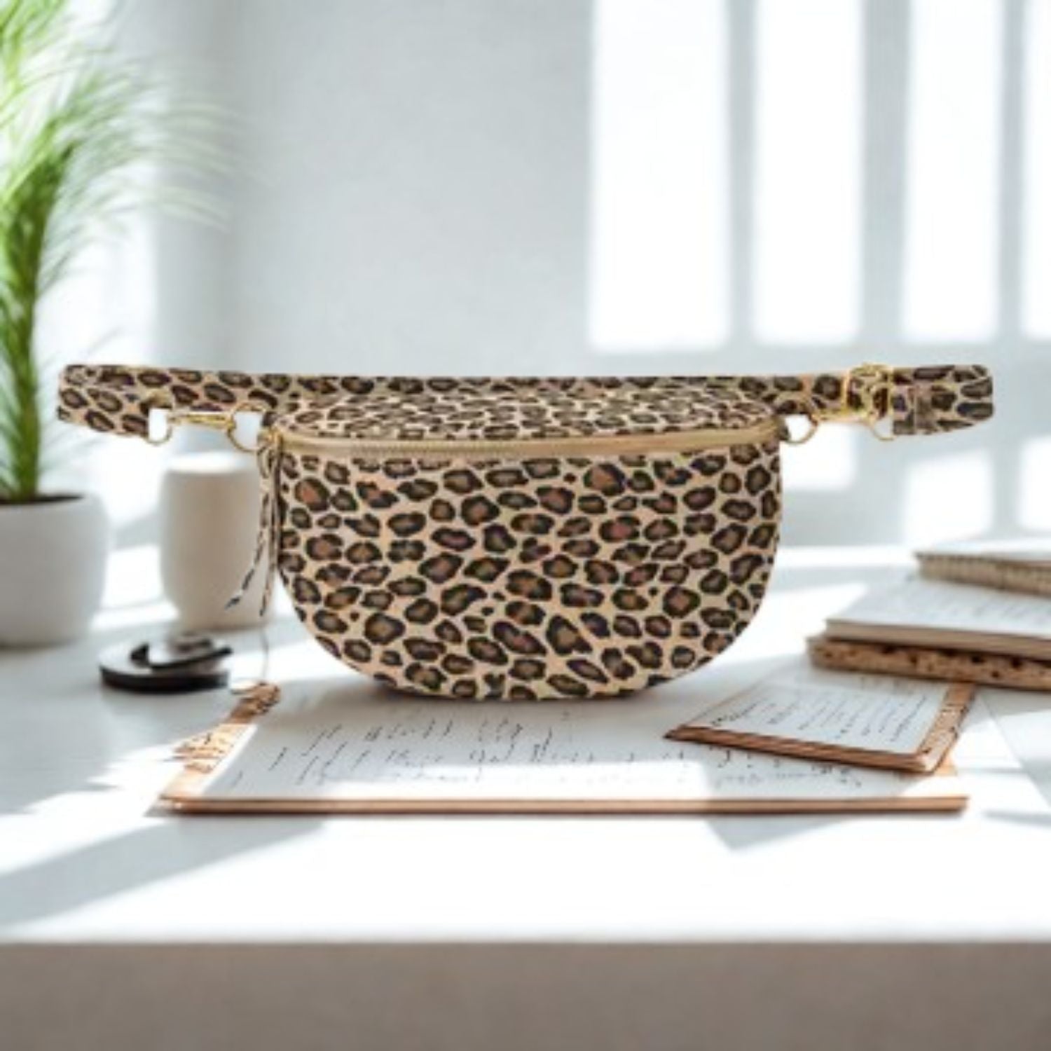 Leather Sling Bag/Bum Bag - PS613-MATT LIGHT TAUPE LEOPARD