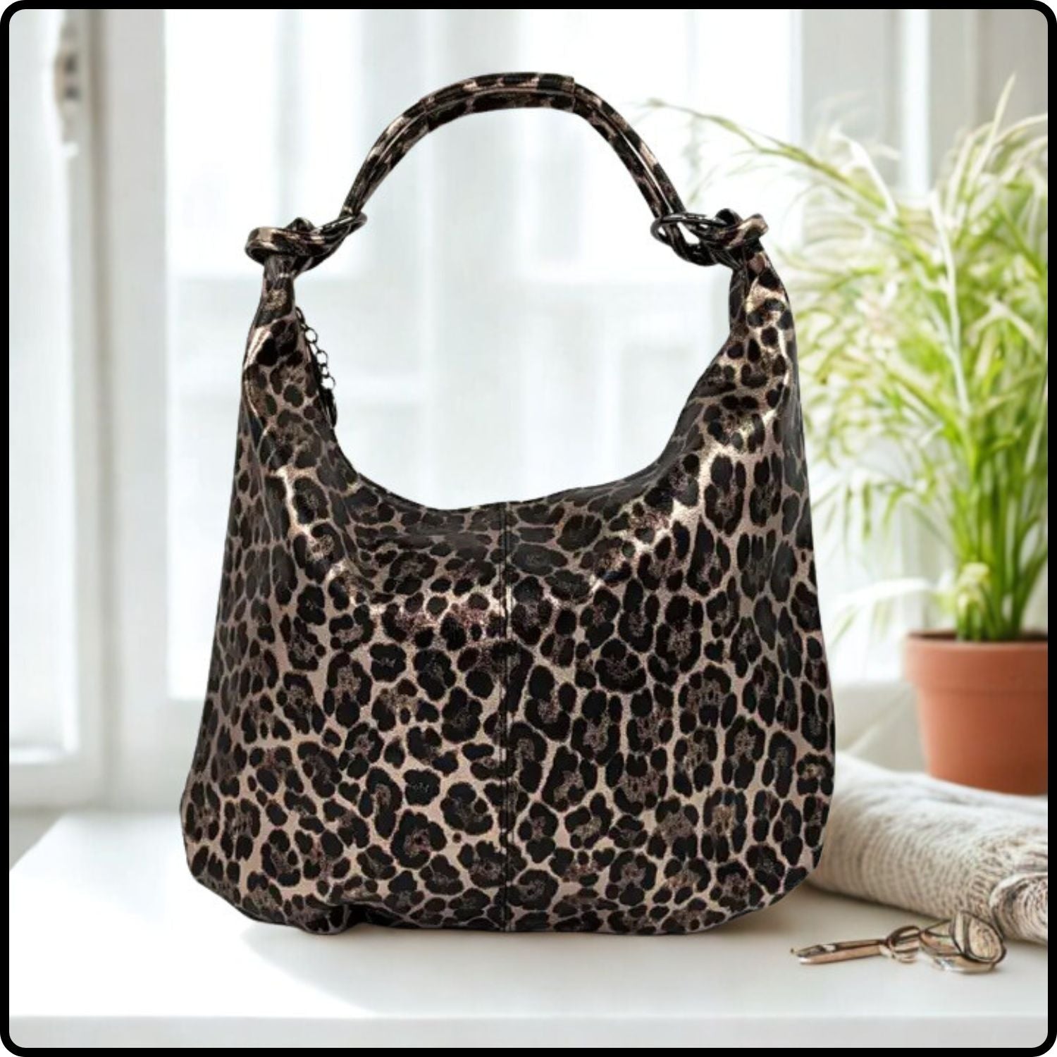 Metallic Leather Leopard Print Handbag with Zip Closing-ML02-BRZ