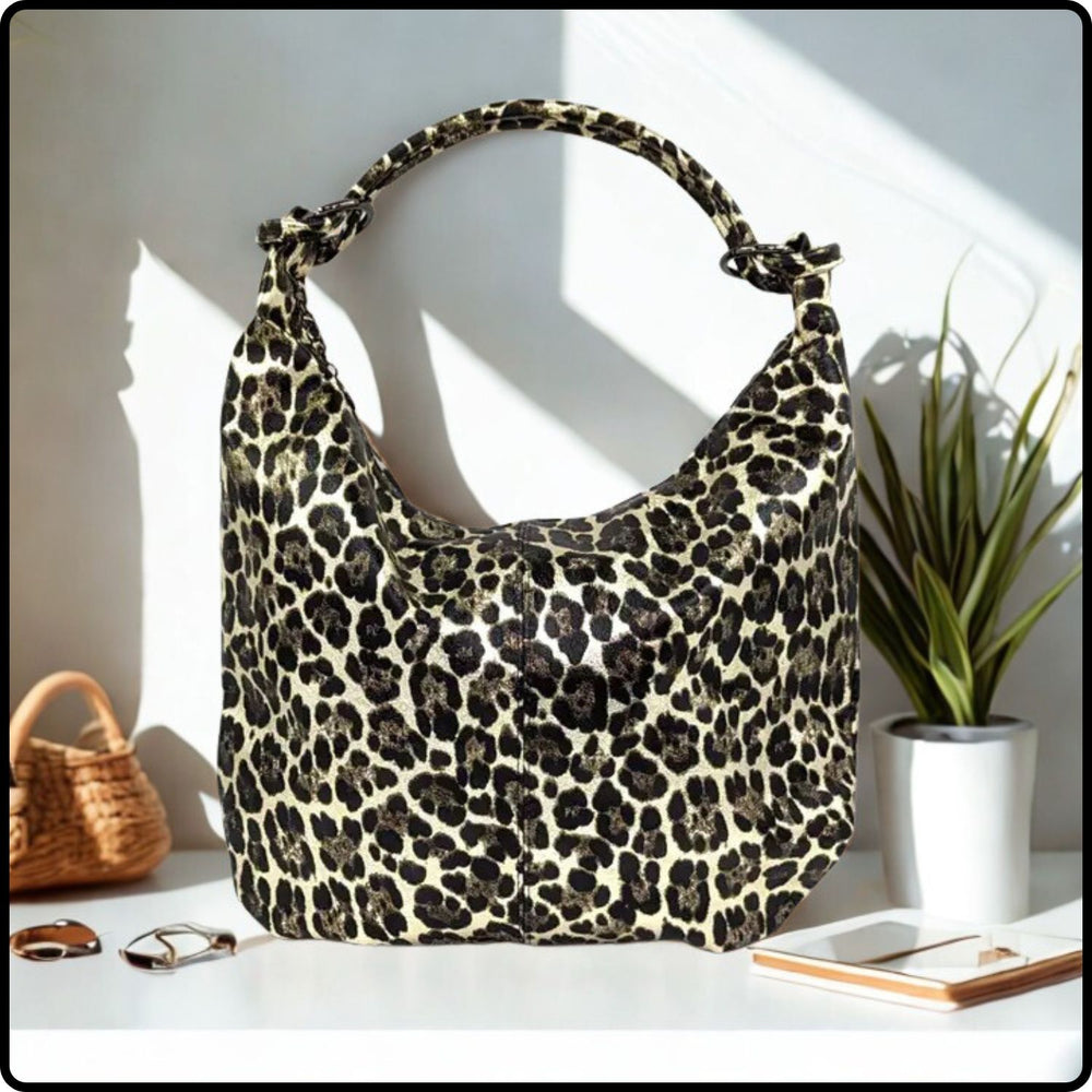 Metallic Leather Leopard Print Handbag with Zip Closing-ML02-GLD