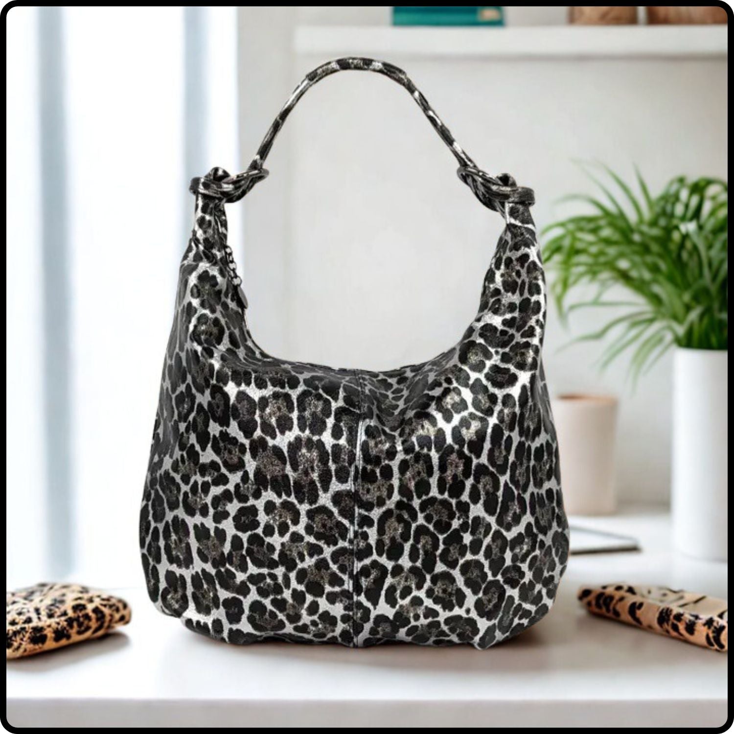 Metallic Leather Leopard Print Handbag with Zip Closing-ML02-SIL